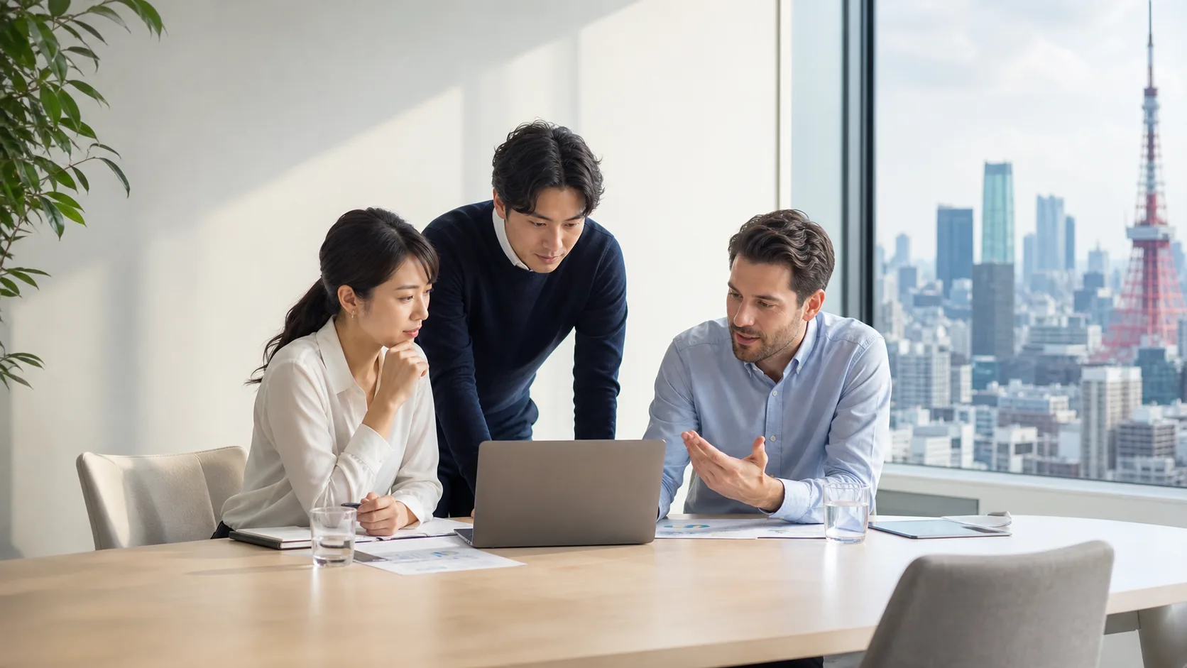 Bilingual Japan operations team reviewing market entry notes in a bright Tokyo office