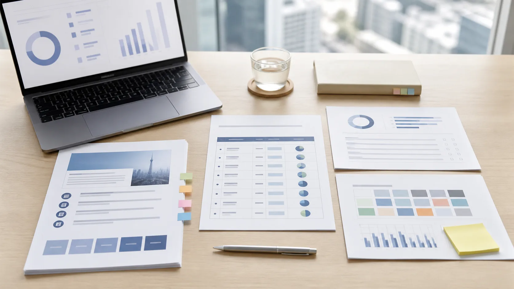 Japan readiness deliverables including reports, supplier shortlist, and dashboard notes on an office desk